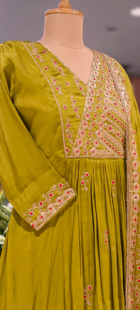 Lime Punch Zardosi Intricate Embroidery Yoke A-Line Surat Mul-Chanderi Full Suit Set With Dupatta- 15724