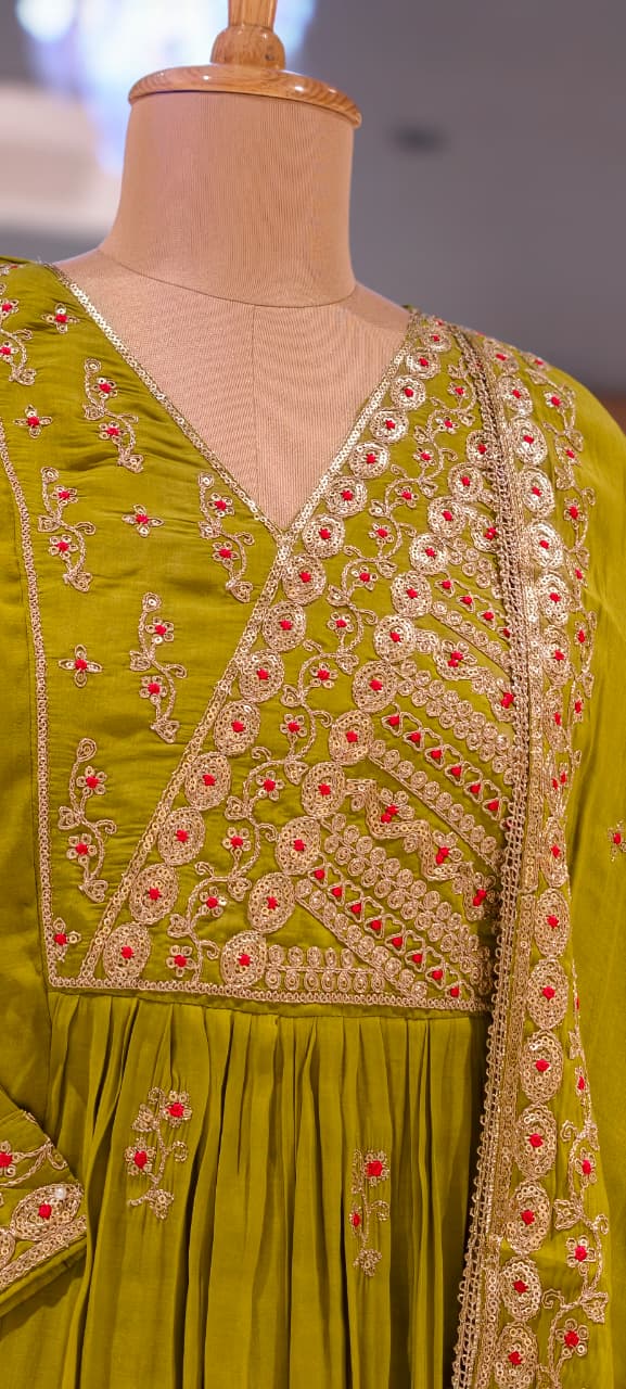 Lime Punch Zardosi Intricate Embroidery Yoke A-Line Surat Mul-Chanderi Full Suit Set With Dupatta- 15724