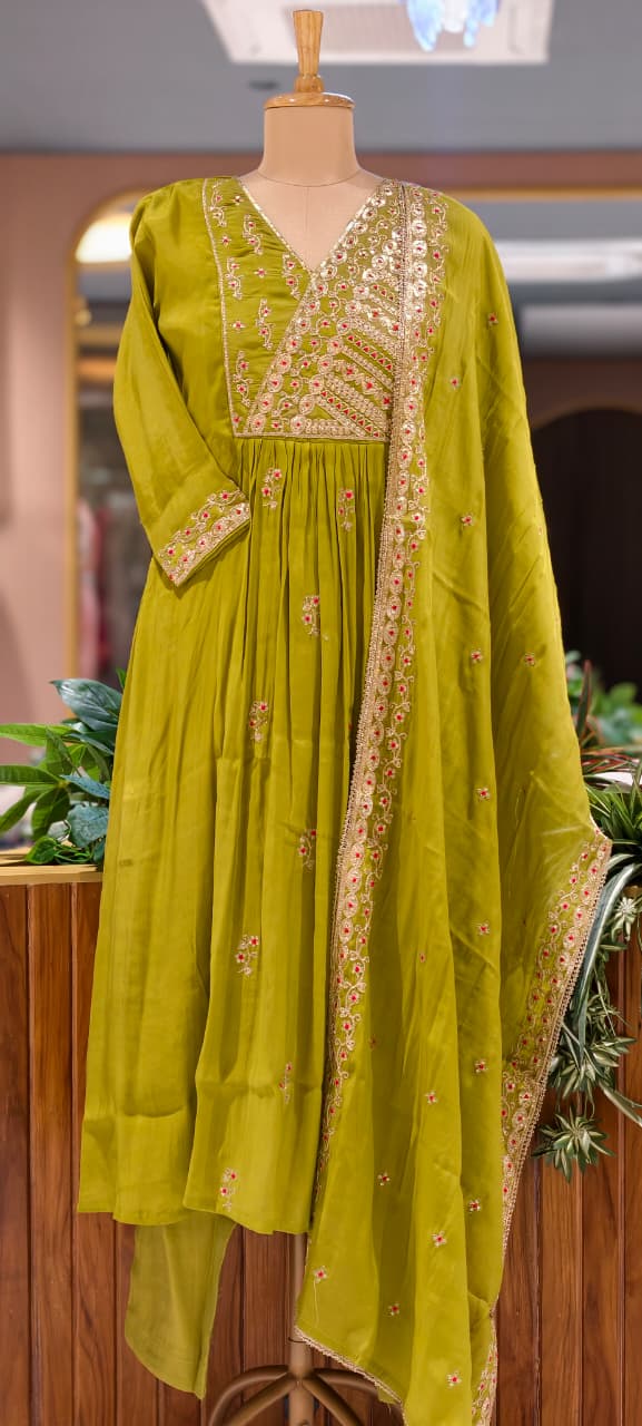 Lime Punch Zardosi Intricate Embroidery Yoke A-Line Surat Mul-Chanderi Full Suit Set With Dupatta- 15724