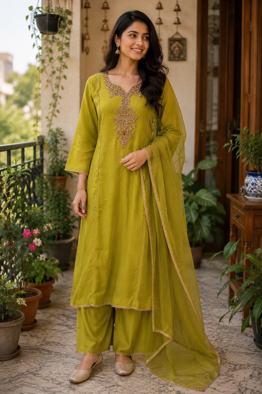 Elegant Kundan Look Yoke A-Line Surat Mul-Chanderi Full Suit Set With Dupatta- 15796