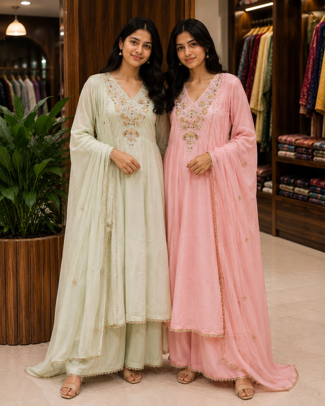 Elegant Intricate Embroidery Golden Lace Touch Mul-Chanderi A-Line Full Suit Set With Dupatta- 15791