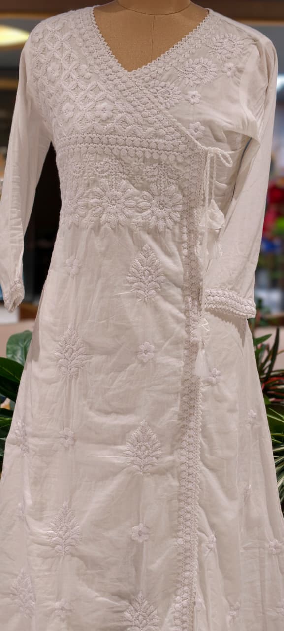 Angrakha Pattern Chikankari Thread Embroidered Cotton Full Suit Set With Dupatta- 15866