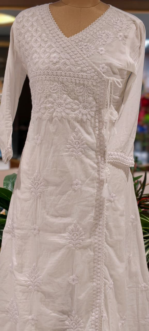 Angrakha Pattern Chikankari Thread Embroidered Cotton Full Suit Set With Dupatta- 15866