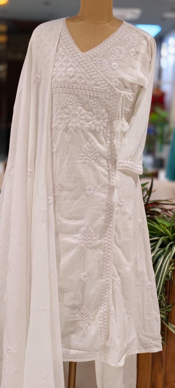 Angrakha Pattern Chikankari Thread Embroidered Cotton Full Suit Set With Dupatta- 15866