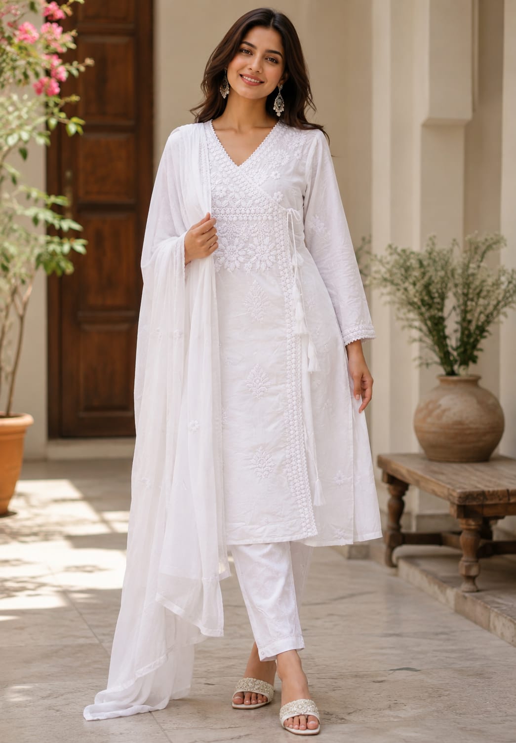 Angrakha Pattern Chikankari Thread Embroidered Cotton Full Suit Set With Dupatta- 15866