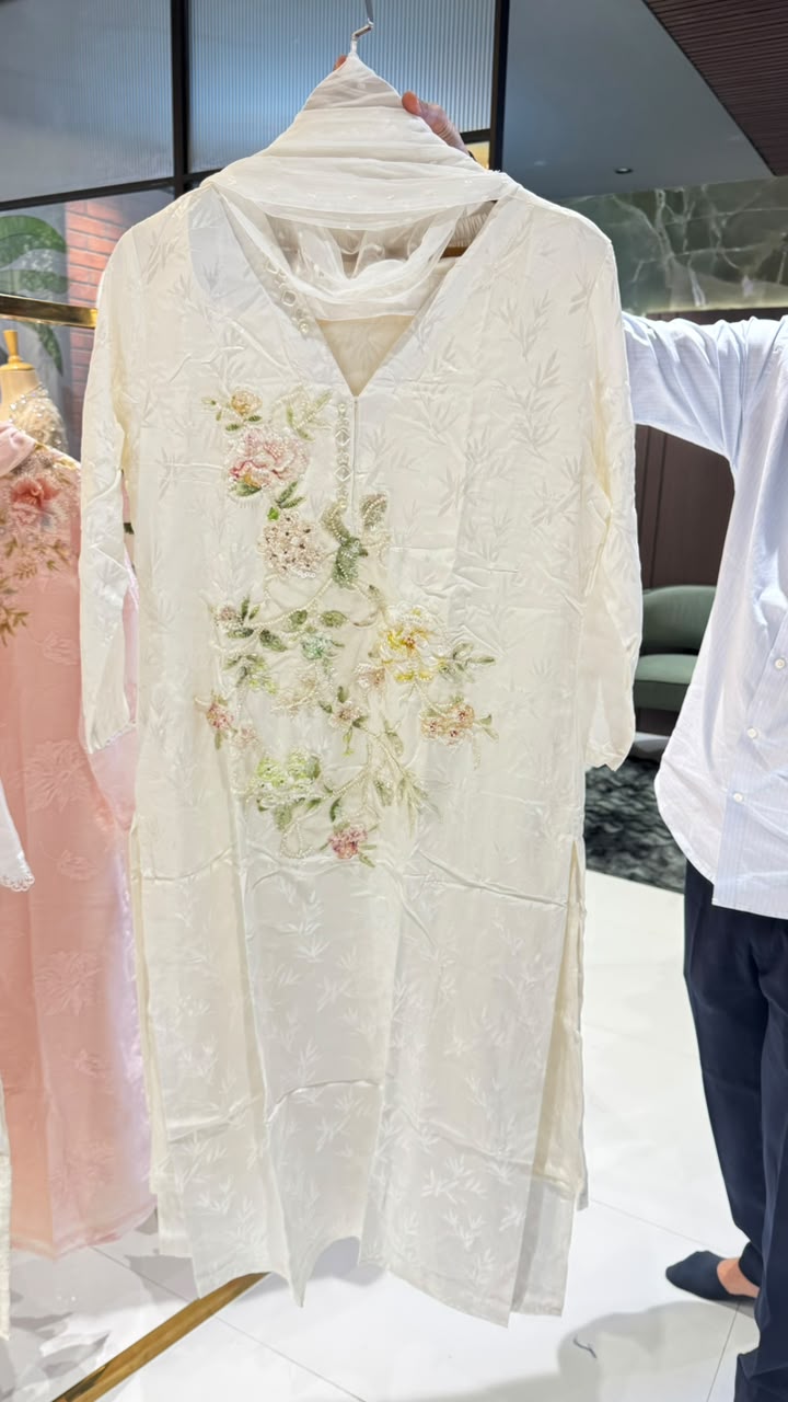 Premium Cotton Buttoned Neckline 3D Floral Embroidery Ivory White Full Suit Set With Dupatta- 15201