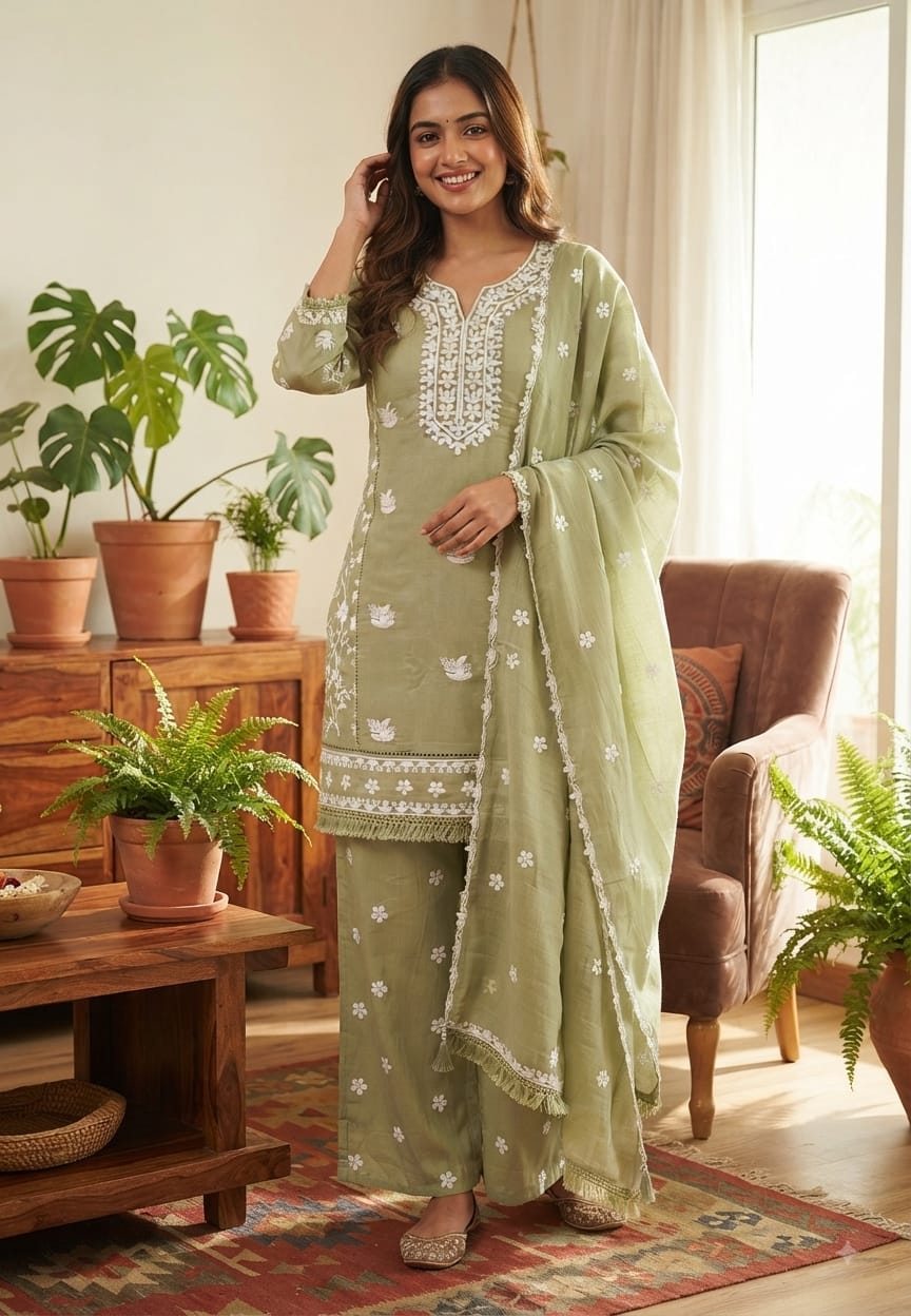 Floral Intricate Thread Embroidered Premium Surat Mul-Chanderi Straight Full Suit Set With Dupatta- 15893