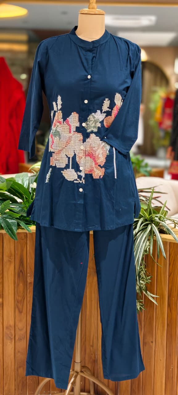 Cross Stitch Thread Embroidery Casual Wear Cotton Co-Ord Set- 15706