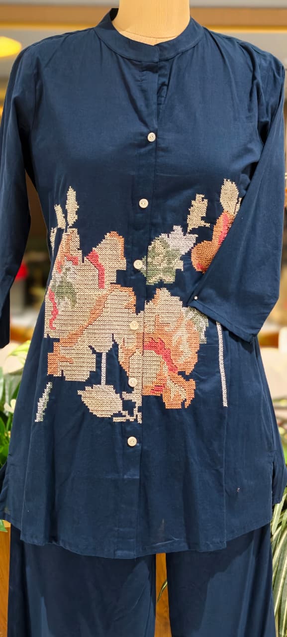 Cross Stitch Thread Embroidery Casual Wear Cotton Co-Ord Set- 15706