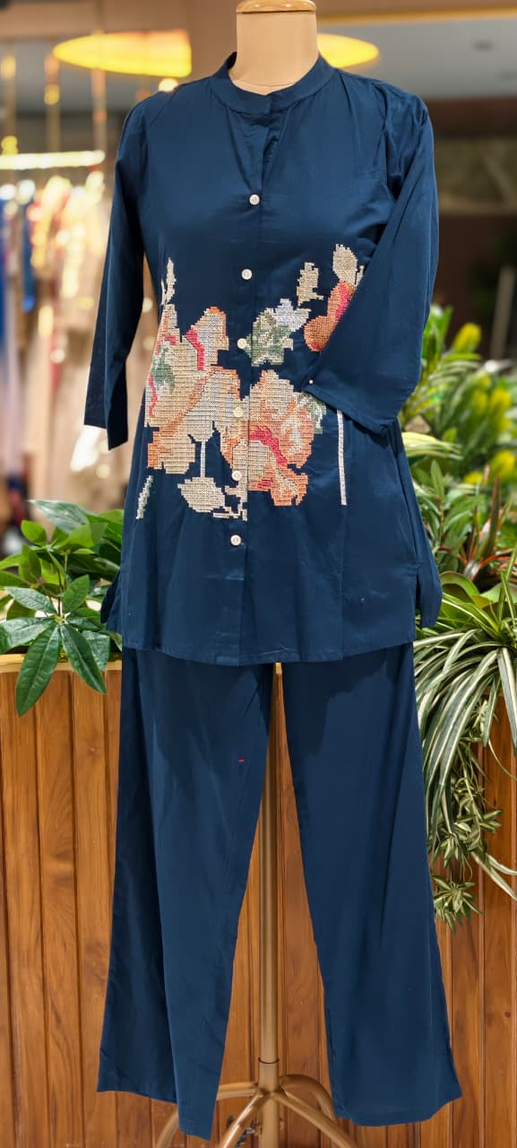 Cross Stitch Thread Embroidery Casual Wear Cotton Co-Ord Set- 15706