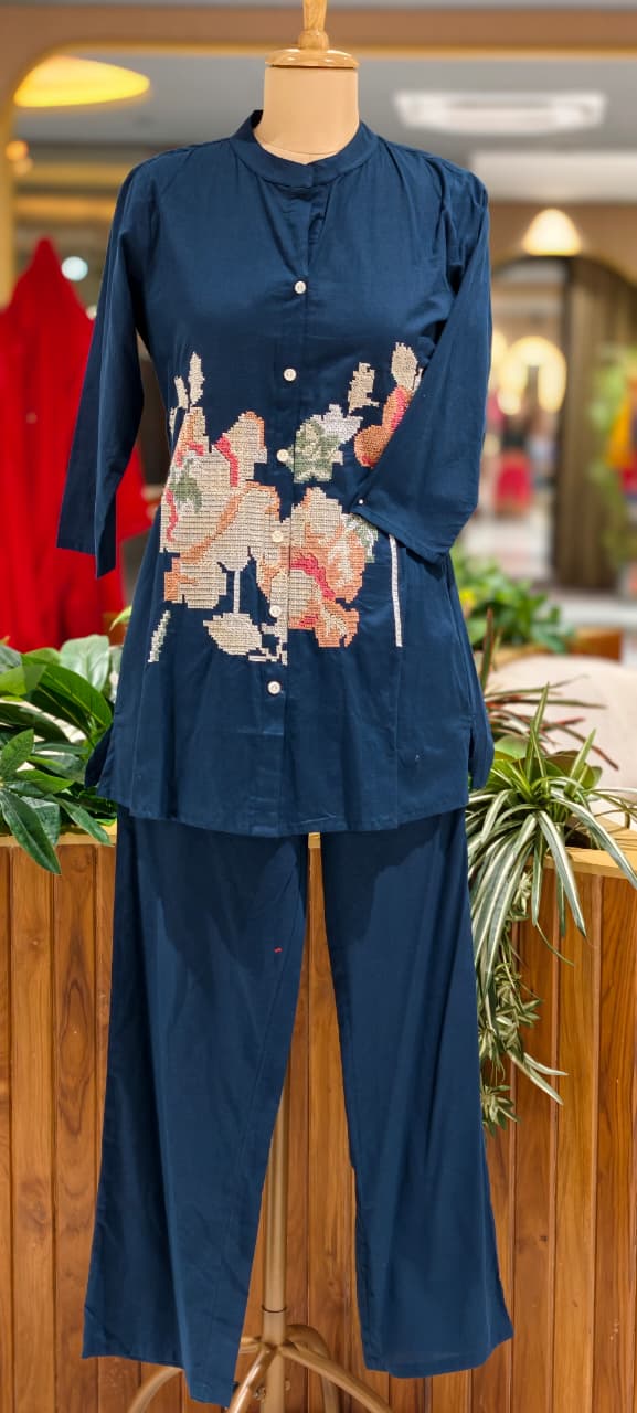 Cross Stitch Thread Embroidery Casual Wear Cotton Co-Ord Set- 15706