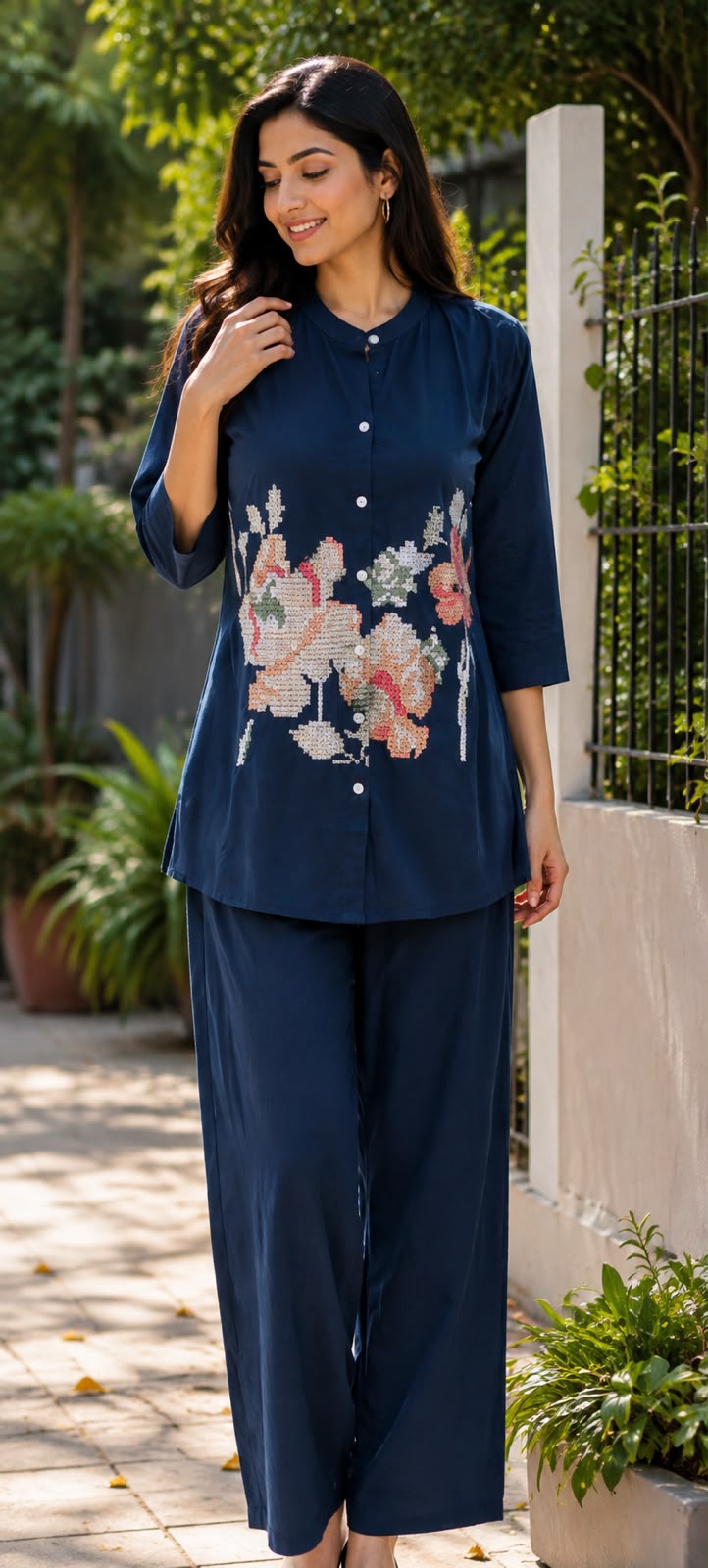 Cross Stitch Thread Embroidery Casual Wear Cotton Co-Ord Set- 15706