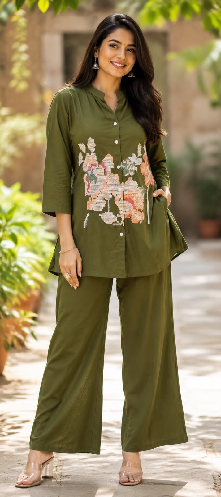 Cross Stitch Thread Embroidery Casual Wear Cotton Co-Ord Set- 15706