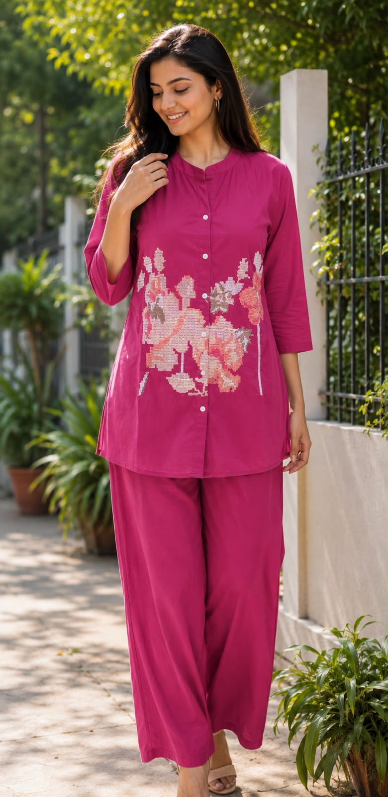Cross Stitch Thread Embroidery Casual Wear Cotton Co-Ord Set- 15706