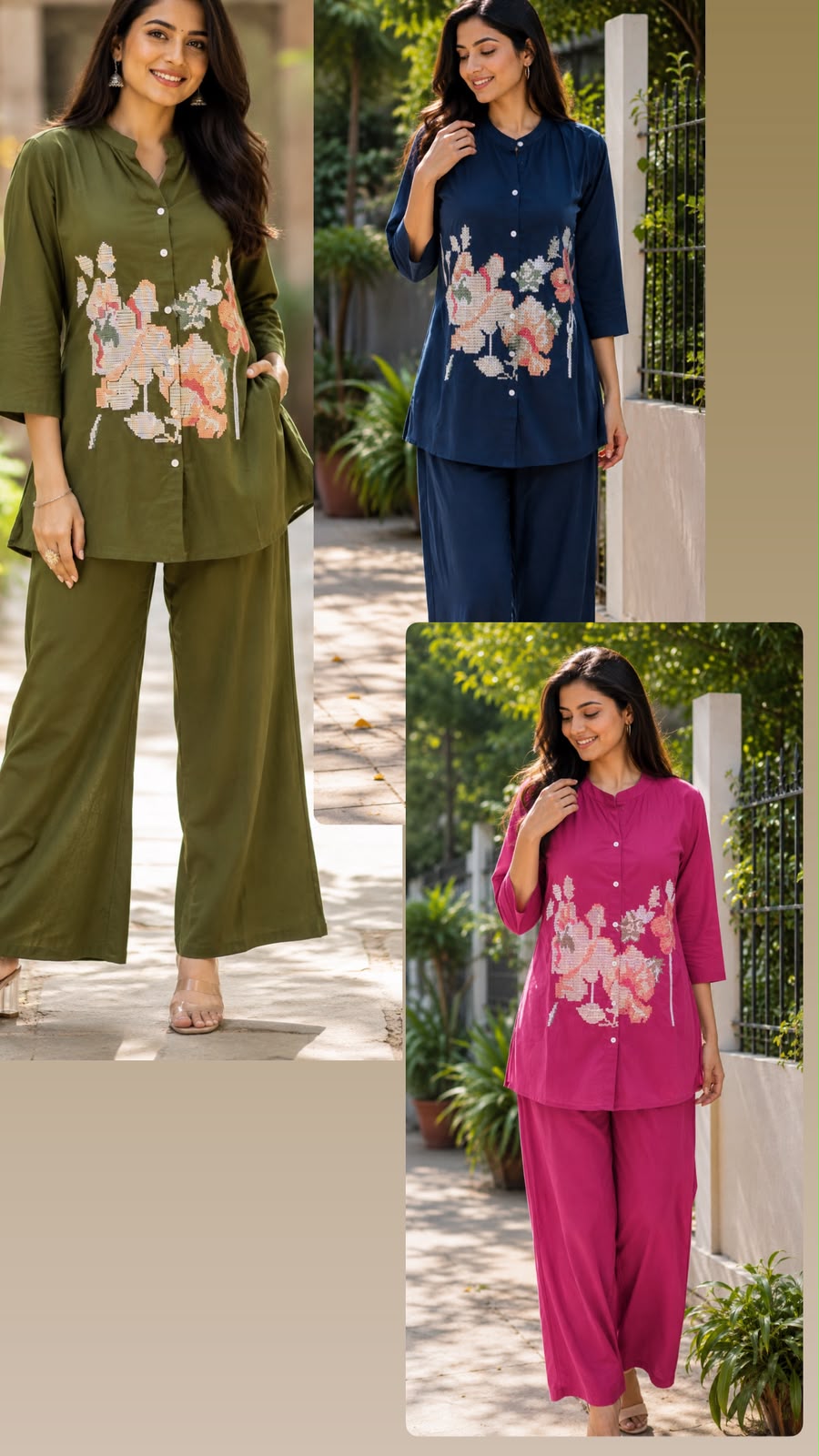 Cross Stitch Thread Embroidery Casual Wear Cotton Co-Ord Set- 15706