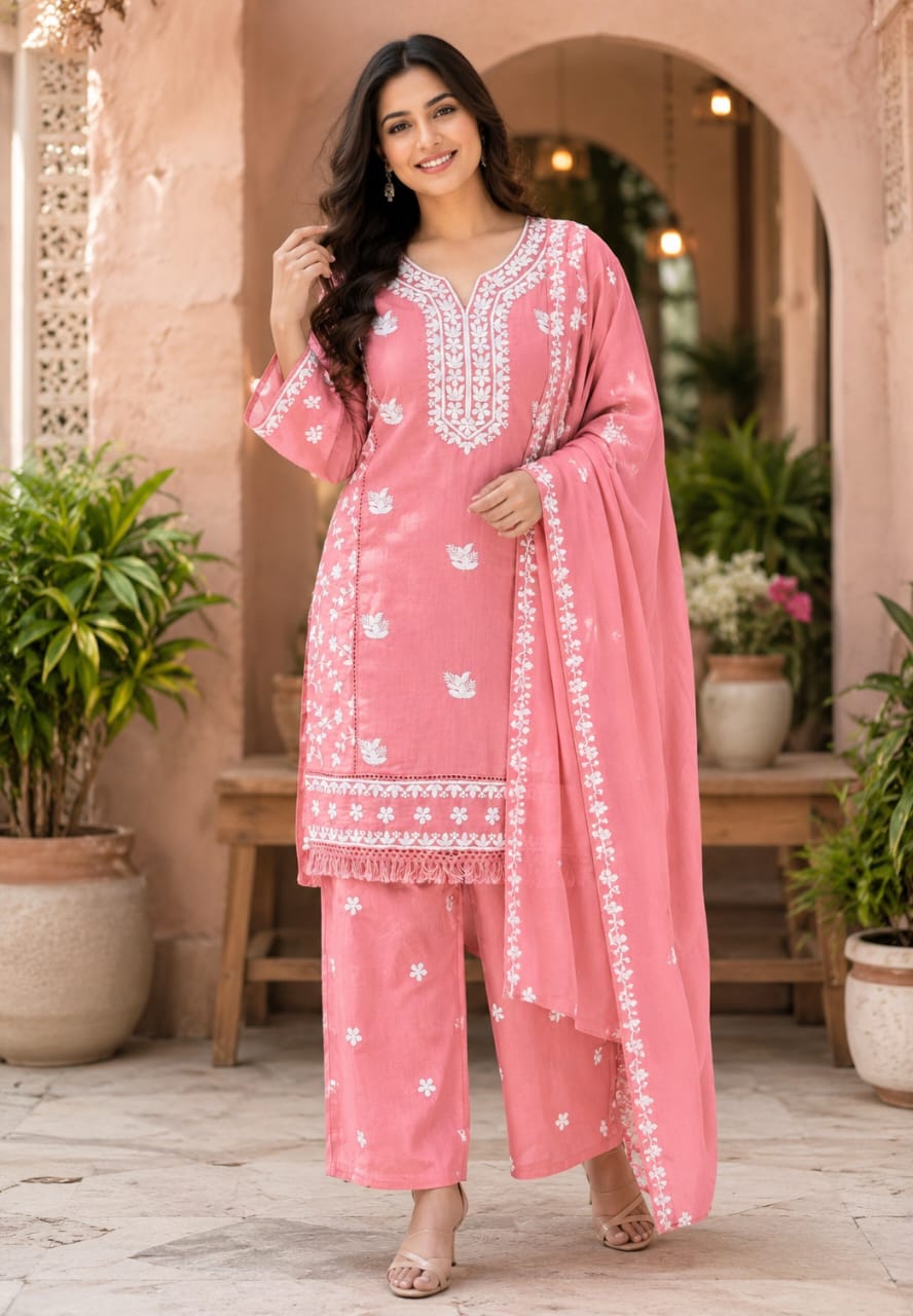 Floral Intricate Thread Embroidered Premium Surat Mul-Chanderi Straight Full Suit Set With Dupatta- 15893