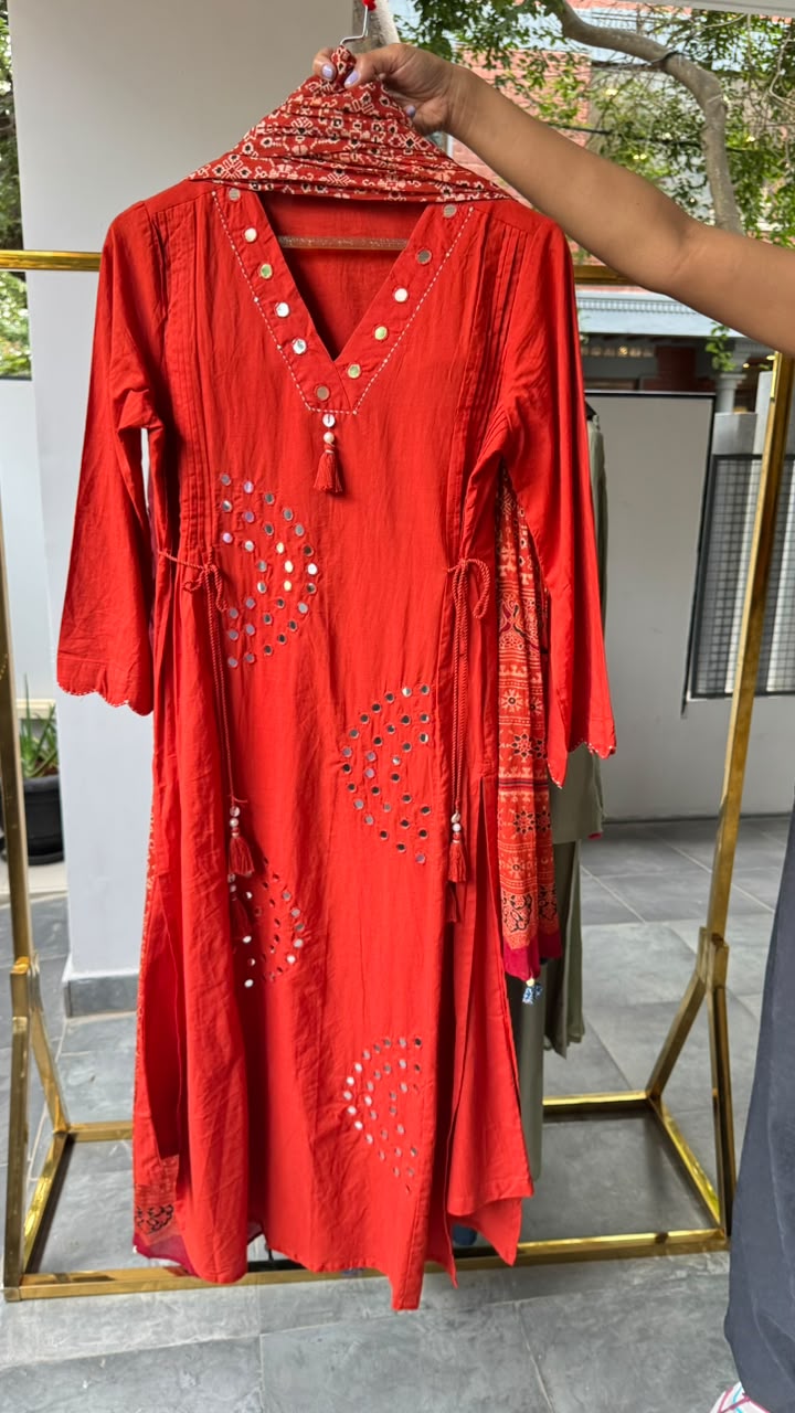 Real Mirror Rounded Embroidery Upwork Cotton A-Line Full Suit Set With Dupatta- 15783