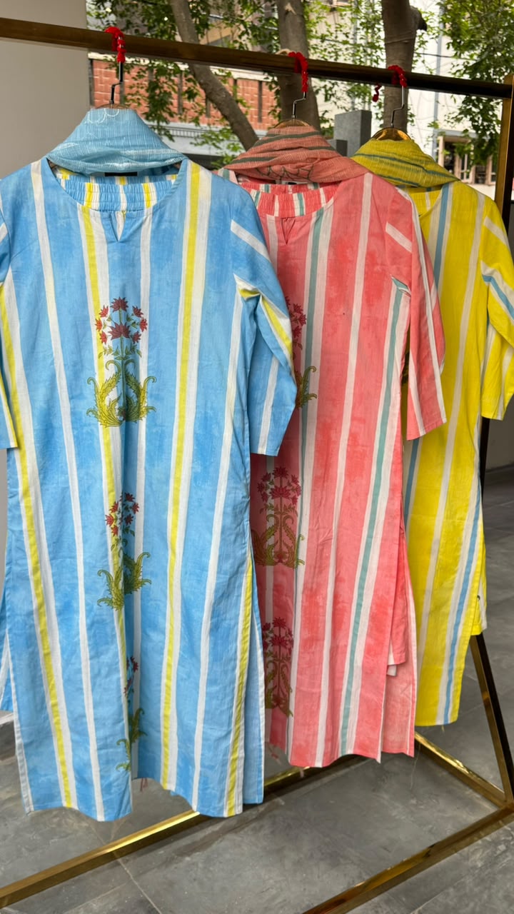 Candy Striped Floral Print Straight Full Suit Set With Dupatta In Cotton Fabric- 15821