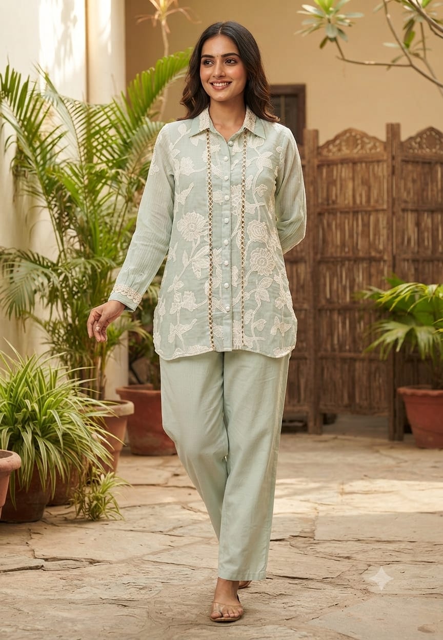 Beige/Cream Floral Embroidered Button-Down Co-Ord Set with Lace Panels & Crosia Collar- 15968