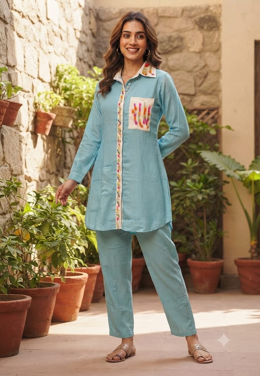 Contrast Hand Embroidered Beaded Collar & Pocket Co-Ord Set In Mul-Chandeti Fabric- 15974
