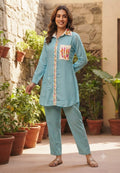 Contrast Hand Embroidered Beaded Collar & Pocket Co-Ord Set In Mul-Chandeti Fabric- 15974