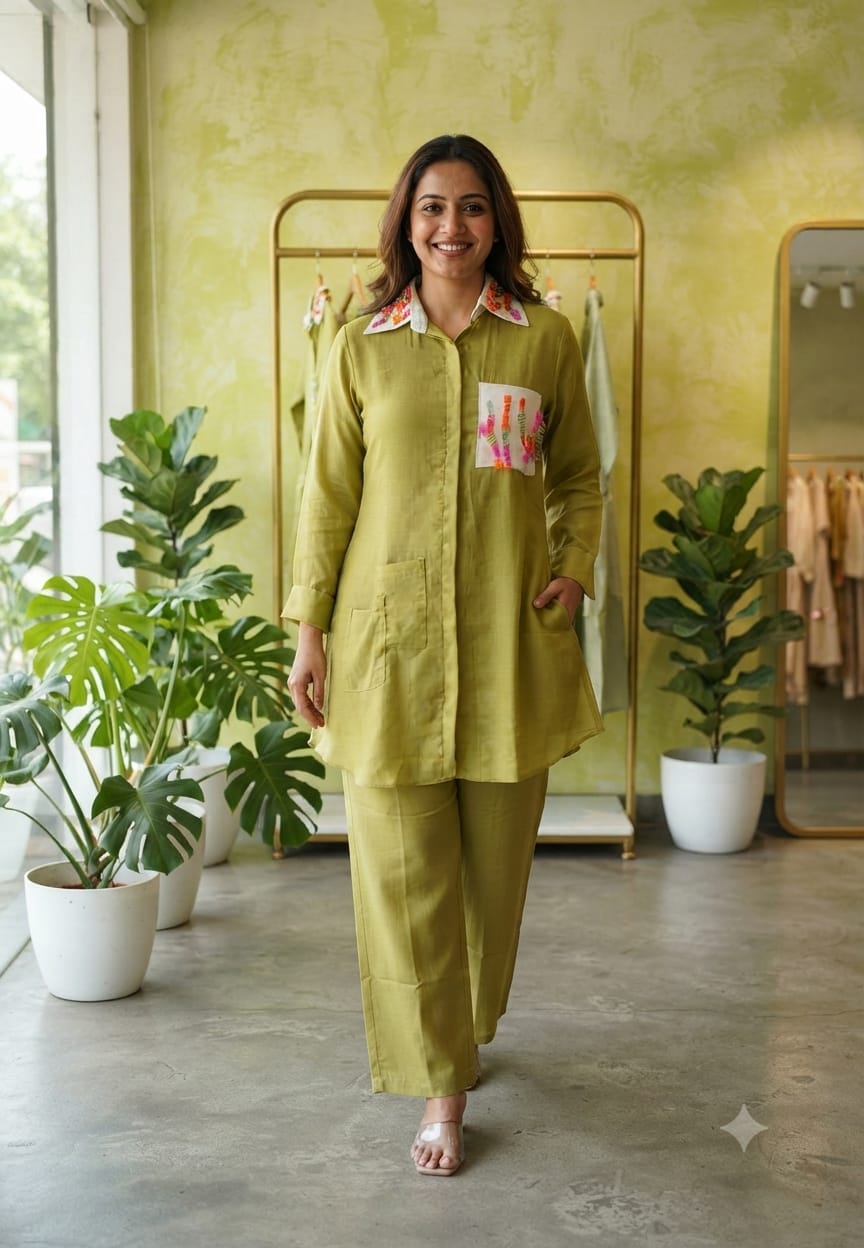 Contrast Hand Embroidered Beaded Collar & Pocket Co-Ord Set In Mul-Chandeti Fabric- 15974