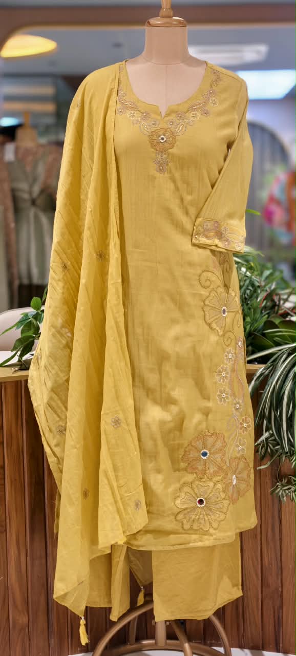 Intricate Embroidered Elegance Surat Mul-Chanderi Straight Full Suit Set With Dupatta- 16085
