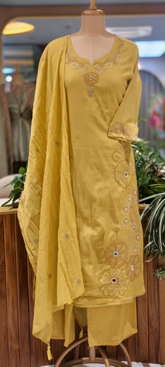 Intricate Embroidered Elegance Surat Mul-Chanderi Straight Full Suit Set With Dupatta- 16085