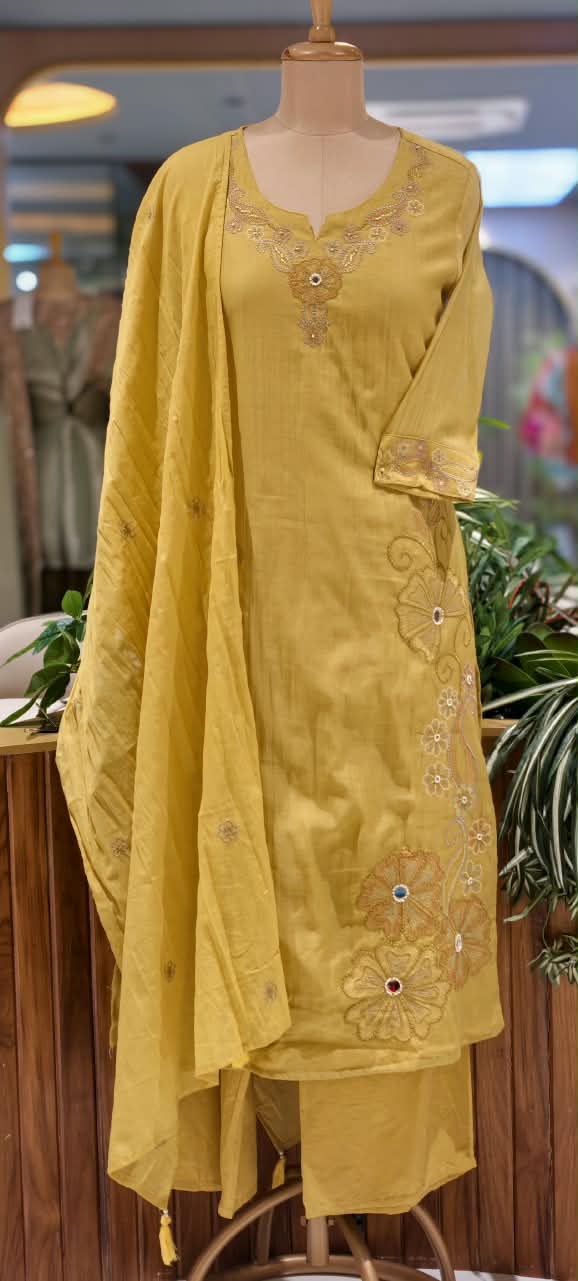 Intricate Embroidered Elegance Surat Mul-Chanderi Straight Full Suit Set With Dupatta- 16085