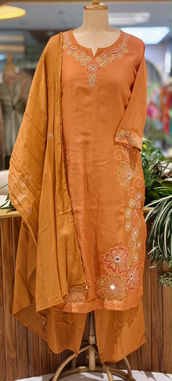 Intricate Embroidered Elegance Surat Mul-Chanderi Straight Full Suit Set With Dupatta- 16085