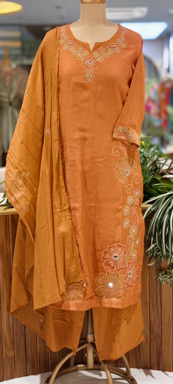 Intricate Embroidered Elegance Surat Mul-Chanderi Straight Full Suit Set With Dupatta- 16085