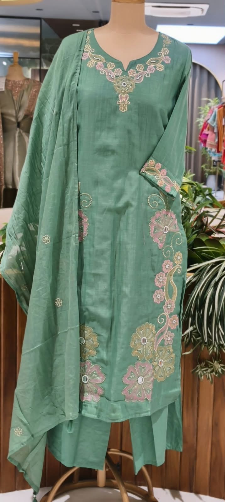 Intricate Embroidered Elegance Surat Mul-Chanderi Straight Full Suit Set With Dupatta- 16085