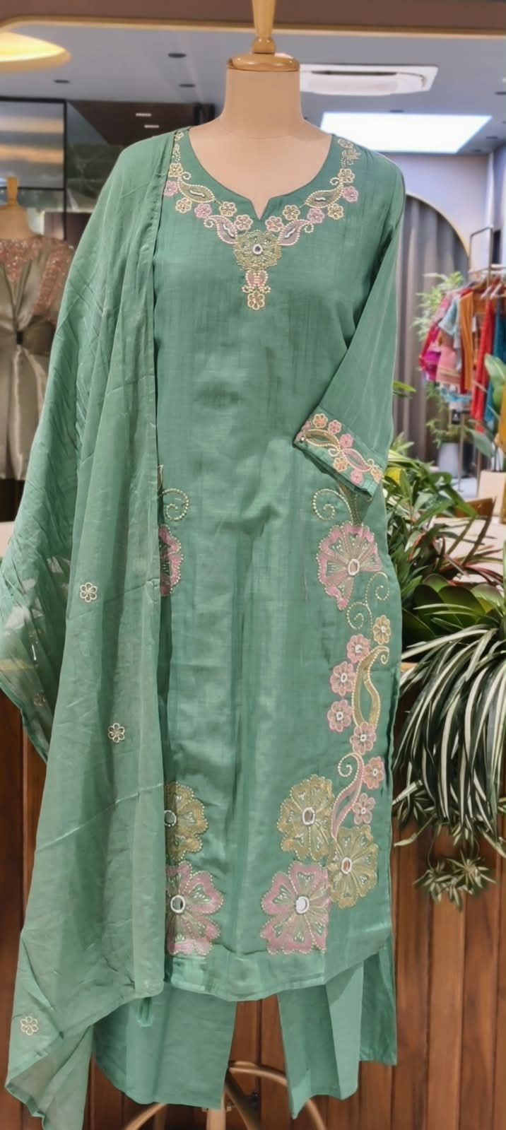 Intricate Embroidered Elegance Surat Mul-Chanderi Straight Full Suit Set With Dupatta- 16085