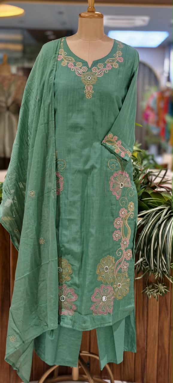 Intricate Embroidered Elegance Surat Mul-Chanderi Straight Full Suit Set With Dupatta- 16085