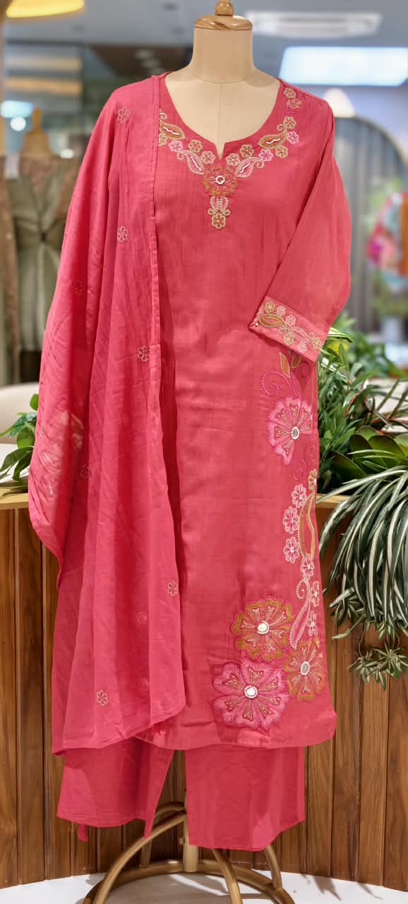 Intricate Embroidered Elegance Surat Mul-Chanderi Straight Full Suit Set With Dupatta- 16085