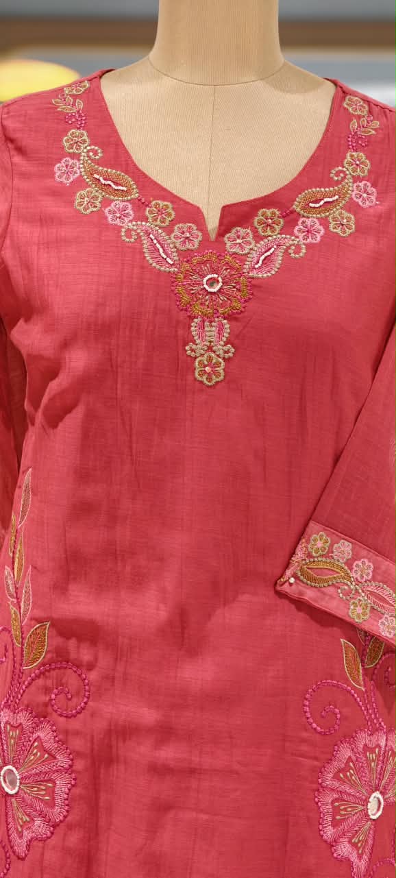 Intricate Embroidered Elegance Surat Mul-Chanderi Straight Full Suit Set With Dupatta- 16085