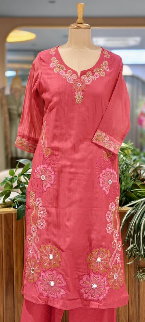 Intricate Embroidered Elegance Surat Mul-Chanderi Straight Full Suit Set With Dupatta- 16085