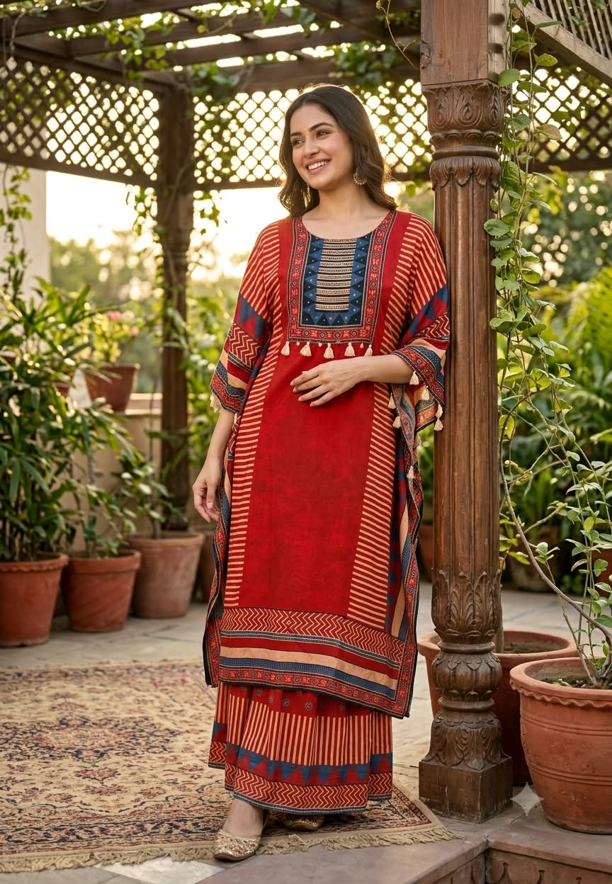 Assymetrical Linear Multicolor Prints Boho Look Kaftan Style Muslin Indo-Wear With Bottom- 16096, 16097