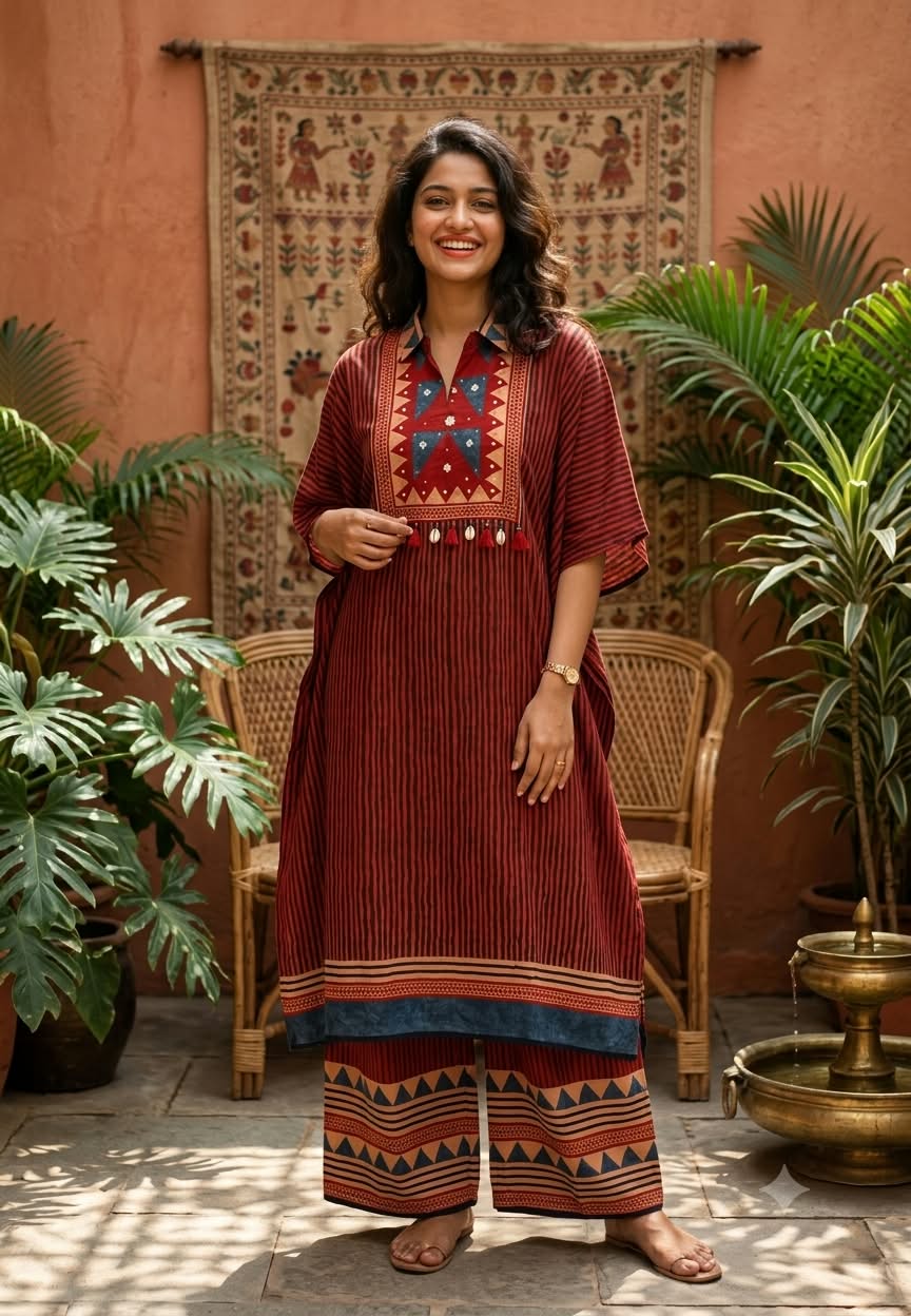 Assymetrical Linear Multicolor Prints Boho Look Kaftan Style Muslin Indo-Wear With Bottom- 16096, 16097