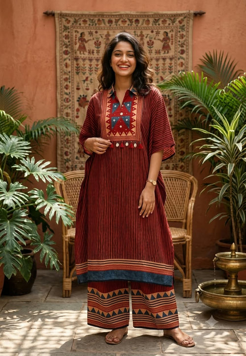 Assymetrical Linear Multicolor Prints Boho Look Kaftan Style Muslin Indo-Wear With Bottom- 16096, 16097