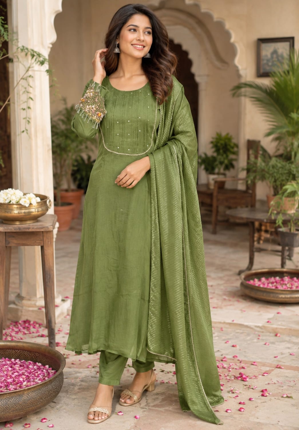 Elegant Classic Antique Figure Hand Emroidery Work Crush Tissue Anarkali Full Suit Set With Dupatta- 16128