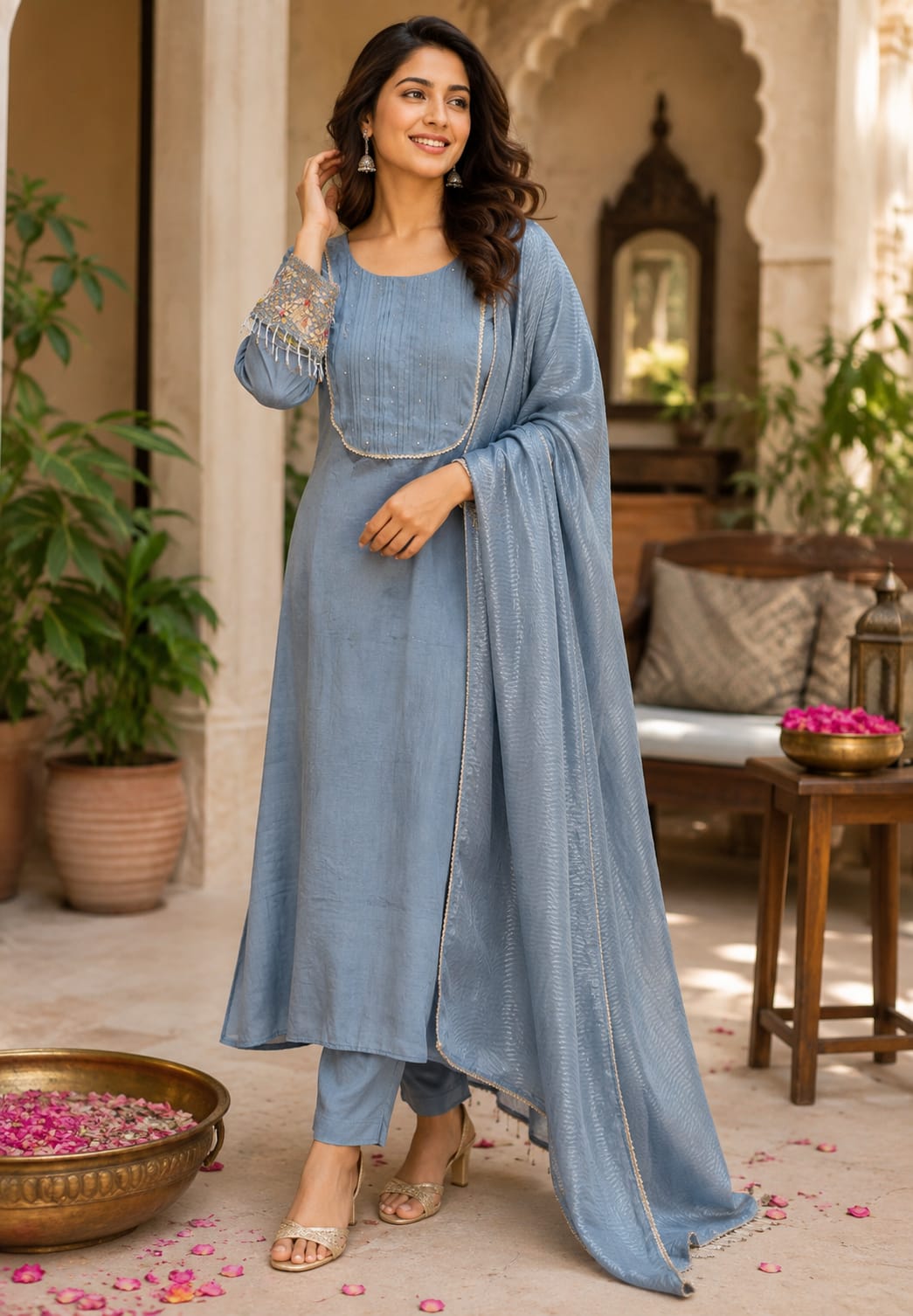Elegant Classic Antique Figure Hand Emroidery Work Crush Tissue Anarkali Full Suit Set With Dupatta- 16128