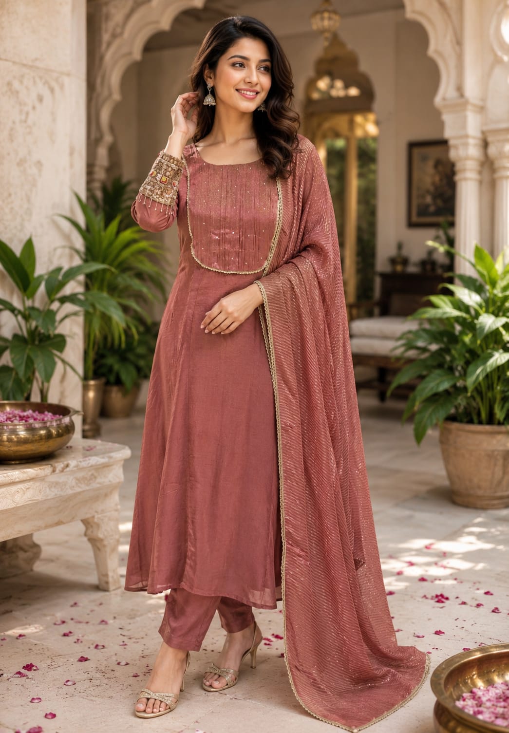 Elegant Classic Antique Figure Hand Emroidery Work Crush Tissue Anarkali Full Suit Set With Dupatta- 16128