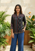Multicolor Floral Block Prints Black Base Crepe Shirt- 14001