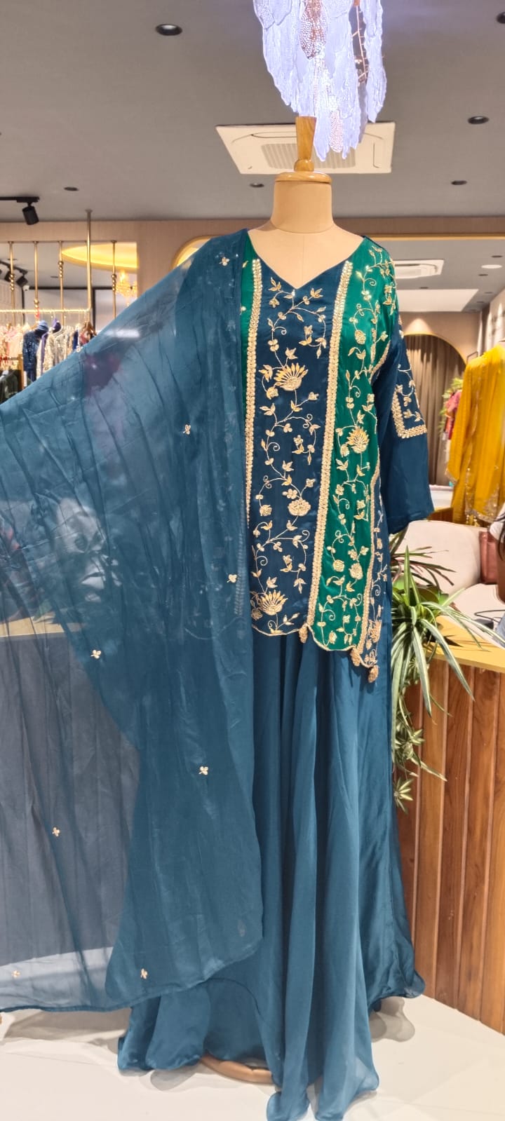 Heavy Gota Patti Embroidered Dual Tone Panel Short Kurti Set with Flared Skirt Bottom and Dupatta- 16132