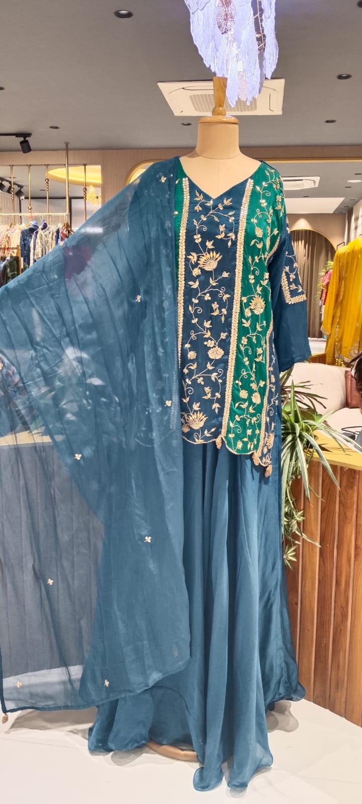 Heavy Gota Patti Embroidered Dual Tone Panel Short Kurti Set with Flared Skirt Bottom and Dupatta- 16132