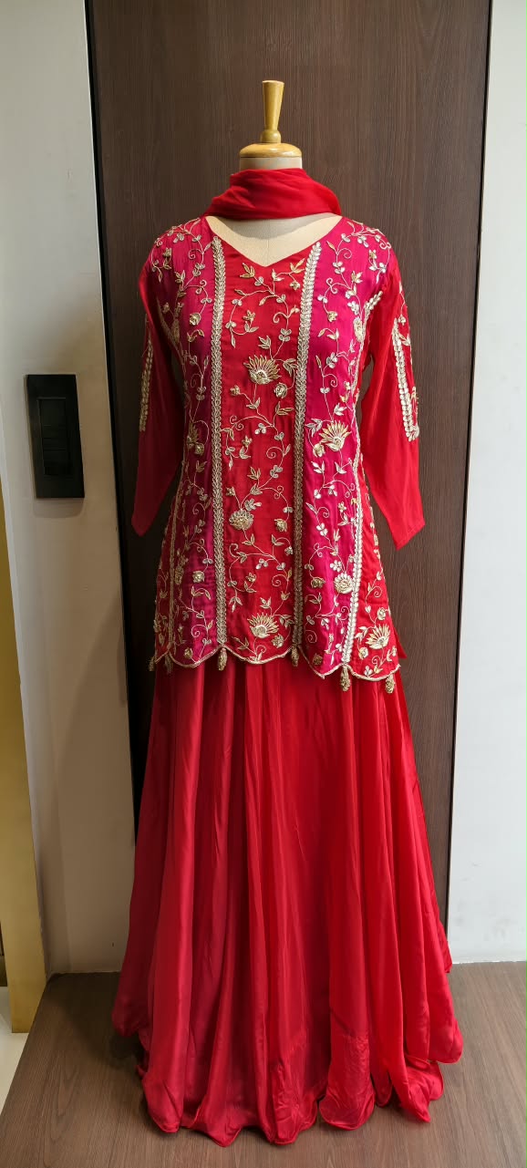 Heavy Gota Patti Embroidered Dual Tone Panel Short Kurti Set with Flared Skirt Bottom and Dupatta- 16132