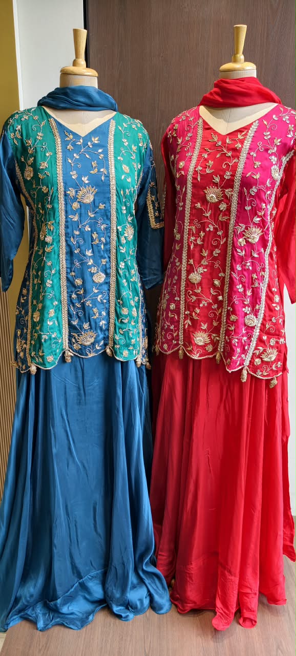 Heavy Gota Patti Embroidered Dual Tone Panel Short Kurti Set with Flared Skirt Bottom and Dupatta- 16132
