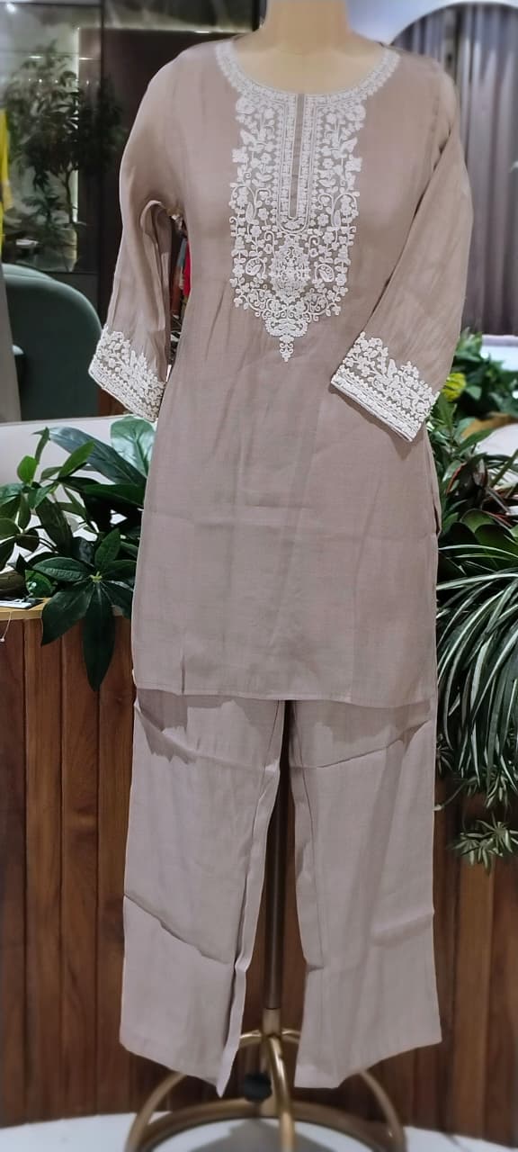 Chikankari Inspired Embroidery Soft Tone Surat Mul-Chanderi Co-Ord Set- 13411