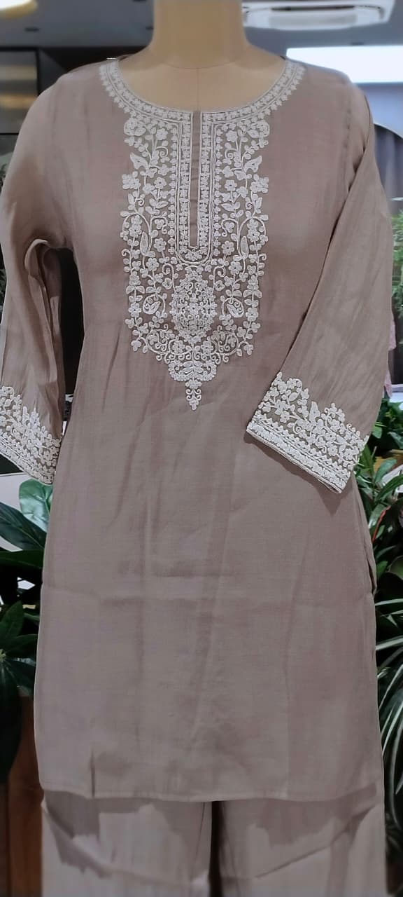 Chikankari Inspired Embroidery Soft Tone Surat Mul-Chanderi Co-Ord Set- 13411
